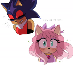 Size: 1956x1744 | Tagged: safe, artist:emthimofnight, oc, oc:camellia the cat, oc:stellar the hedgehog, cat, hedgehog, 2024, blushing, dialogue, duo, english text, fankid, lesbian, magical gay spawn, magical lesbian spawn, mouth open, oc x oc, parent:amy, parent:blaze, parent:shadow, parent:sonic, parents:blazamy, parents:sonadow, shipping, simple background, smile, white background