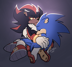 Size: 1048x964 | Tagged: safe, artist:superscourge, shadow the hedgehog, sonic the hedgehog, 2024, chipped ear, comforting, crying, duo, ear piercing, earring, eyes closed, frown, gay, hugging, looking offscreen, shadow x sonic, shipping, signature, tears, tears of sadness, yellow sclera