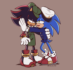 Size: 1141x1096 | Tagged: safe, artist:thel0llip0p, shadow the hedgehog, sonic the hedgehog, the murder of sonic the hedgehog, blushing, brown background, duo, gay, holding them, lidded eyes, looking at each other, shadow x sonic, shipping, signature, simple background, standing