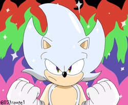Size: 2048x1676 | Tagged: safe, artist:djtroupe1, sonic the hedgehog, 2023, abstract background, clenched fists, flat colors, hyper form, hyper sonic, looking at viewer, rainbow eyes, signature, solo, sparkles, standing