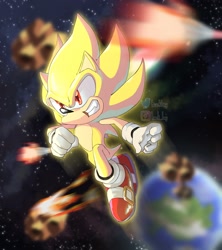 Size: 1820x2048 | Tagged: safe, artist:heckbeg, sonic the hedgehog, super sonic, 2022, abstract background, earth, flying, looking ahead, meteorite, signature, smile, solo, space, star (sky), super form, watermark