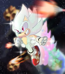 Size: 1820x2048 | Tagged: safe, artist:heckbeg, sonic the hedgehog, 2022, abstract background, alternate version, earth, flying, hyper form, hyper sonic, looking ahead, meteorite, signature, smile, solo, space, sparkles, star (sky), watermark