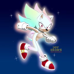 Size: 2048x2048 | Tagged: safe, artist:johanapaolajoy1, sonic the hedgehog, 2023, flying, gradient background, hyper form, hyper sonic, looking at viewer, pointing, signature, smile, solo, sparkles, watermark