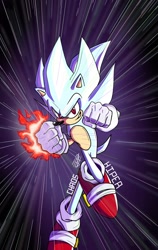 Size: 1231x1944 | Tagged: safe, artist:the juan, sonic the hedgehog, 2023, abstract background, clenched fists, fire, flying, hyper form, hyper sonic, looking at viewer, signature, smile, solo