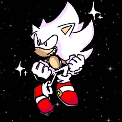 Size: 1280x1280 | Tagged: safe, artist:luxypqrlolol, sonic the hedgehog, 2023, abstract background, clenched fists, flying, hyper form, hyper sonic, looking offscreen, smile, solo, sparkles, star (sky)