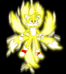 Size: 963x1080 | Tagged: safe, artist:ashura01, miles "tails" prower, 2020, black background, clenched fists, flying, frown, hyper form, hyper tails, kitsune, looking offscreen, simple background, solo