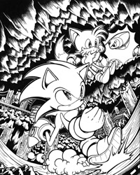 Size: 794x994 | Tagged: safe, artist:chicaramirez, miles "tails" prower, sonic the hedgehog, sonic the hedgehog 2, 2012, abstract background, black and white, classic sonic, classic tails, duo, dust clouds, exclamation mark, flying, frasher, frown, mystic cave zone, robot, running