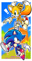 Size: 568x1068 | Tagged: safe, artist:chicaramirez, miles "tails" prower, sonic the hedgehog, 2010, abstract background, border, carrying them, duo, exclamation mark, flying, frown, holding hands, looking at viewer, looking offscreen, mouth open, outline, signature