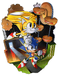 Size: 900x1157 | Tagged: safe, artist:finikart, miles "tails" prower, sonic the hedgehog, metropolis zone, sonic the hedgehog 2, 2019, carrying them, classic sonic, classic tails, clenched fist, cogwheel, duo, flying, holding hands, looking ahead, looking offscreen, ring, semi-transparent background, smile, spinning tails