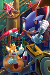 Size: 1575x2379 | Tagged: dead source, safe, artist:miitara, miles "tails" prower, sonic the hedgehog, metropolis zone, sonic the hedgehog 2, abstract background, asteron, badnik, classic sonic, classic tails, duo focus, flying, group, holding something, lineless, looking at each other, pointing, robot, smile, spinning tails