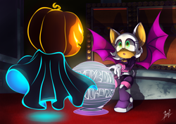Size: 4200x2950 | Tagged: safe, artist:leechyhell, rouge the bat, sonic heroes, 2020, abstract background, duo, gravity switch, looking at each other, mystic mansion, pumpkin ghost, rouge's heroes bodysuit, signature
