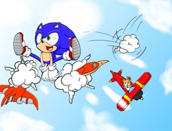 Size: 799x607 | Tagged: safe, artist:retro-eternity, miles "tails" prower, sonic the hedgehog, sky chase zone, sonic the hedgehog 2, 2011, abstract background, badnik, balkiry, clouds, daytime, dust clouds, jumping, mid-air, outdoors, robot, tornado i, trio