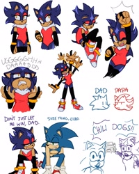 Size: 1638x2048 | Tagged: safe, artist:emthimofnight, shadow the hedgehog, sonic the hedgehog, oc, oc:stellar the hedgehog, hedgehog, 2024, dialogue, english text, fankid, father and child, father and daughter, female, magical gay spawn, male, meme, parent:shadow, parent:sonic, parents:sonadow, simple background, trio, waving, white background