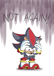 Size: 771x1081 | Tagged: safe, artist:vei-6-vesuvius, shadow the hedgehog, sonic x shadow generations, 2024, abstract background, dialogue, english text, hands on own head, solo, squatting