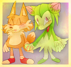 Size: 1450x1350 | Tagged: safe, artist:metallicmadness, cosmo the seedrian, miles "tails" prower, 2017, abstract background, border, duo, holding hands, smile, standing