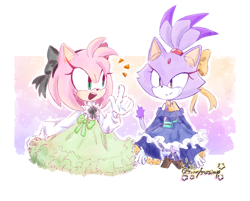 Size: 892x718 | Tagged: safe, artist:funnyfox_simp, amy rose, blaze the cat, cat, hedgehog, 2024, amy x blaze, cute, dress, female, females only, lesbian, looking at each other, mouth open, shipping