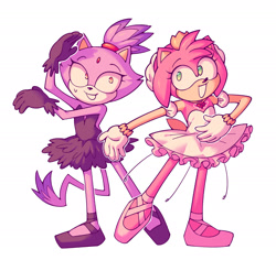 Size: 2048x1937 | Tagged: safe, artist:felinedae, amy rose, blaze the cat, cat, hedgehog, 2022, amy x blaze, ballerina, cute, female, females only, lesbian, looking at them, shipping