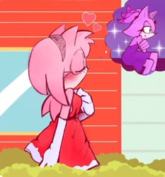 Size: 750x806 | Tagged: safe, artist:sciamellis, amy rose, blaze the cat, cat, hedgehog, 2018, amy x blaze, blushing, cute, dreaming, eyes closed, female, females only, hearts, lesbian, shipping, sparkles