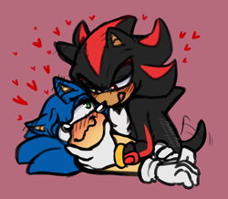 Size: 1500x1305 | Tagged: safe, artist:aethiriarts, shadow the hedgehog, sonic the hedgehog, blushing, duo, gay, heart, holding them, licking lips, looking at each other, shadow x sonic, shipping, simple background, smile, tongue out, wagging tail