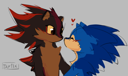 Size: 1372x819 | Tagged: safe, artist:pompom-mouse, shadow the hedgehog, sonic the hedgehog, blushing, cute, duo, eyes closed, gay, grey background, heart, looking at them, shadow x sonic, shadowbetes, shipping, signature, simple background, smile, sonabetes, yellow sclera