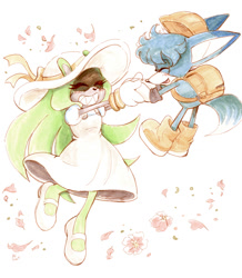 Size: 914x1050 | Tagged: safe, artist:bunnymajo, kit the fennec, surge the tenrec, alternate outfit, backpack, duo, eyes closed, flower, hat, holding hands, mouth open, petals, simple background, smile, white background