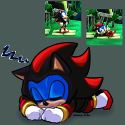 Size: 2048x2048 | Tagged: safe, artist:nounaarts, sonic the hedgehog, sonic superstars, classic sonic, cute, eyes closed, grey background, kigurumi, lying down, lying on front, reference inset, simple background, sleeping, solo, zzz