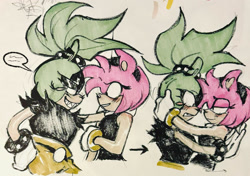 Size: 2047x1441 | Tagged: safe, artist:aldermos, amy rose, surge the tenrec, duo, flirting, hugging, lesbian, looking at each other, shipping, surgamy, traditional media
