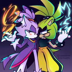 Size: 1000x1000 | Tagged: safe, artist:lm-tomatito, blaze the cat, surge the tenrec, blushing, devil horns (gesture), duo, electricity, fire, frown, gradient background, lesbian, lidded eyes, looking at each other, shipping, signature, smile, standing, surgaze