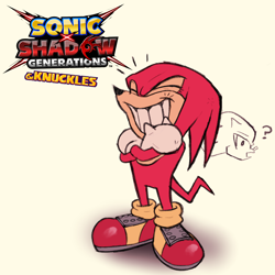Size: 2048x2048 | Tagged: safe, artist:mr-tsuyo, knuckles the echidna, shadow the hedgehog, sonic x shadow generations, 2024, and knuckles, arms folded, duo, eyes closed, logo, meme, question mark, simple background, smile, solo focus, standing