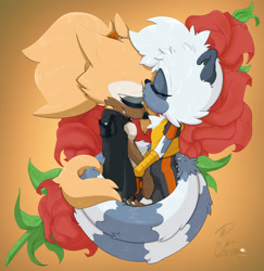 Size: 2000x2061 | Tagged: safe, artist:ridleynemrick, tangle the lemur, whisper the wolf, abstract background, cute, duo, eyes closed, flower, kiss on head, lesbian, rose, shipping, signature, standing, tangabetes, tangle x whisper, whispabetes