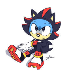 Size: 440x452 | Tagged: safe, artist:artist-block-alley, sonic the hedgehog, sonic superstars, classic sonic, frown, kigurumi, looking offscreen, shadow onesie, signature, sitting, solo, too cute to be taken seriously