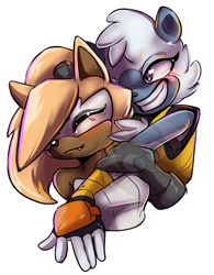 Size: 500x642 | Tagged: safe, artist:tepesandrew, tangle the lemur, whisper the wolf, 2024, blushing, duo, lesbian, obtrusive watermark, shipping, simple background, smile, tangle x whisper, watermark, white background