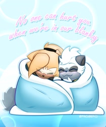 Size: 1717x2048 | Tagged: safe, artist:pincubepi, tangle the lemur, whisper the wolf, 2024, :3, abstract background, blanket, blushing, cute, duo, english text, eye clipping through hair, eyebrow clipping through hair, eyes closed, lesbian, shipping, smile, tangabetes, tangle x whisper, whispabetes