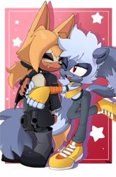 Size: 1341x2048 | Tagged: safe, artist:buddyhyped, tangle the lemur, whisper the wolf, 2024, abstract background, border, duo, gay, gender swap, holding them, looking at them, r63 shipping, shipping, smile, standing, star (symbol), tangle x whisper, wink