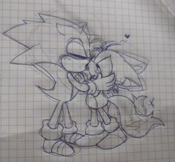 Size: 2048x1889 | Tagged: safe, artist:giaoux, miles "tails" prower, sonic the hedgehog, 2023, blushing, duo, eyes closed, floppy ears, gay, heart, holding them, kiss, lidded eyes, line art, shipping, signature, sketch, sonic x tails, standing, tongue out, traditional media
