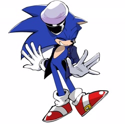 Size: 2048x2037 | Tagged: safe, artist:1096j, sonic the hedgehog, the murder of sonic the hedgehog, 2024, eyes closed, simple background, smile, standing on one leg, white background