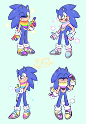 Size: 539x769 | Tagged: safe, artist:naylystyles, sonic the hedgehog, 2021, bandana, cute, gay pride, nonbinary pride, paint, pansexual pride, pride, pride flag, simple background, smile, solo, sonabetes, sonic colors ultimate, standing, star (symbol), trans pride, turquoise background