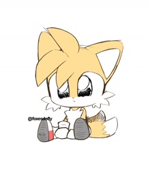 Size: 1117x1289 | Tagged: safe, artist:foxesdofly, miles "tails" prower, 2024, chibi, cute, signature, simple background, sitting, white background