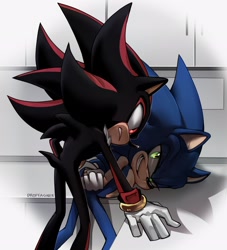 Size: 1862x2048 | Tagged: safe, artist:droffagner, shadow the hedgehog, sonic the hedgehog, 2024, abstract background, duo, frown, gay, glowing eyes, pinning them, shadow x sonic, shipping, smile