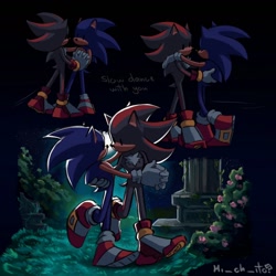 Size: 1310x1310 | Tagged: safe, artist:mi_ch_ito, shadow the hedgehog, sonic the hedgehog, 2024, abstract background, cute, dancing, duo, english text, gay, holding each other, holding hands, nighttime, outdoors, shadow x sonic, shadowbetes, shipping, signature, sonabetes