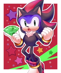 Size: 1063x1270 | Tagged: safe, artist:muto_uwu, sonic the hedgehog, sonic superstars, 2024, abstract background, border, chaos emerald, classic sonic, clenched fist, kigurumi, looking at viewer, mouth open, outline, shadow onesie, solo, star (symbol)