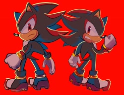 Size: 2048x1582 | Tagged: safe, artist:mimiipyon, shadow the hedgehog, 2024, frown, looking at viewer, red background, simple background, solo, standing