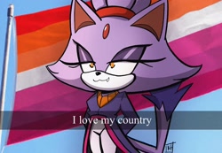 Size: 2048x1414 | Tagged: safe, artist:genderenvyninja, blaze the cat, :3, caption, english text, lesbian, lesbian pride, lidded eyes, looking ahead, looking offscreen, one fang, pride, pride flag, screenshot background, signature, smile, solo