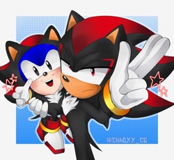 Size: 1497x1375 | Tagged: safe, artist:chaoxx_cg, shadow the hedgehog, sonic the hedgehog, sonic superstars, 2024, abstract background, carrying them, classic sonic, duo, frown, kigurumi, lidded eyes, shadow onesie, smile