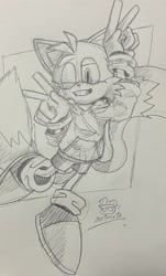 Size: 1236x2048 | Tagged: safe, artist:motasuta_tails, miles "tails" prower, 2024, clothes, double v sign, hoodie, line art, pencilwork, shorts, signature, smile, solo, traditional media, v sign