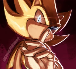 Size: 2048x1865 | Tagged: safe, artist:chronocrump, sonic the hedgehog, super sonic, 2024, abstract background, glowing eyes, looking at viewer, shooshing, signature, solo, super form