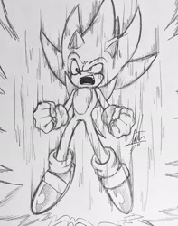 Size: 1616x2048 | Tagged: safe, artist:shibipaffu, sonic the hedgehog, super sonic, 2024, clenched fists, line art, mid-air, mouth open, solo, super form, super transformation