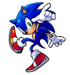 Size: 1378x1472 | Tagged: safe, artist:bluespheres07, sonic the hedgehog, 2024, looking at viewer, mid-air, pointing, simple background, smile, solo, white background