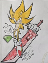 Size: 1536x2048 | Tagged: safe, artist:kurobart64, sonic the hedgehog, super sonic, 2024, chaos emerald, flying, frown, holding something, signature, solo, super form, sword, traditional media
