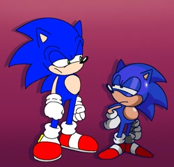 Size: 799x768 | Tagged: safe, artist:cory_hedgehog, sonic the hedgehog, 2024, classic sonic, duo, gradient background, hand on hip, lidded eyes, looking at each other, self paradox, squinting, standing
